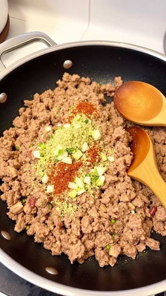 Cooked ground beef in a skillet, seasoned and ready to serve.